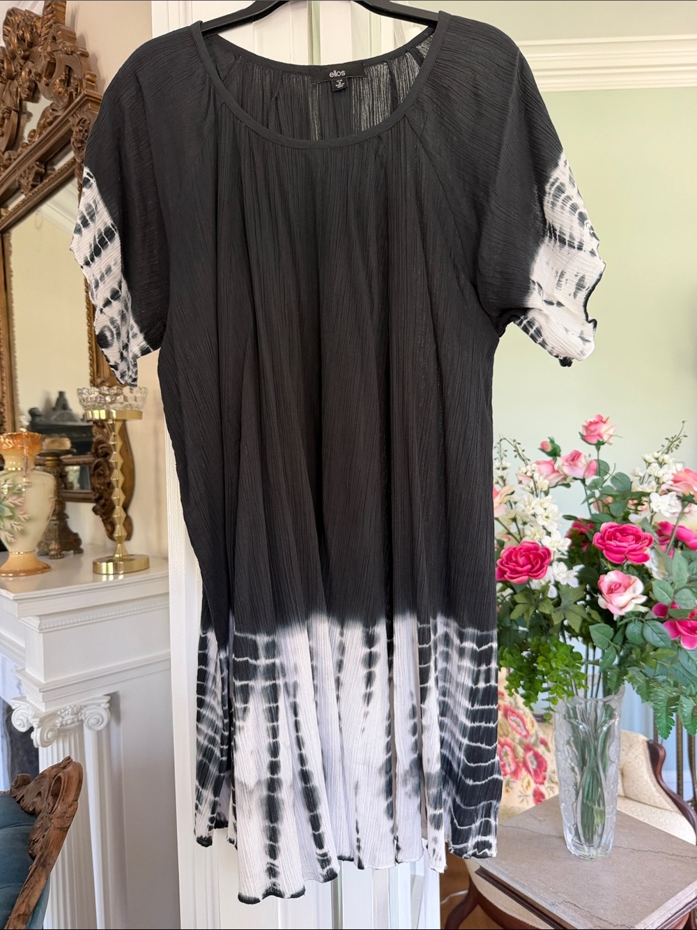 Black & White Tie-Dye gauze Tunic with short sleeves by ELLOS, size 14/16